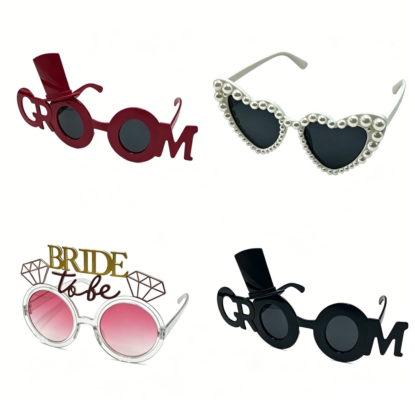 Wedding party novelty glasses set with bride, groom, and pearl heart designs