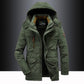 Military green fleece lined hooded parka, front flat lay with utility pockets, size M