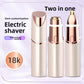 Champagne gold electric shaver shown as three pieces, the cap, foil head and brow head