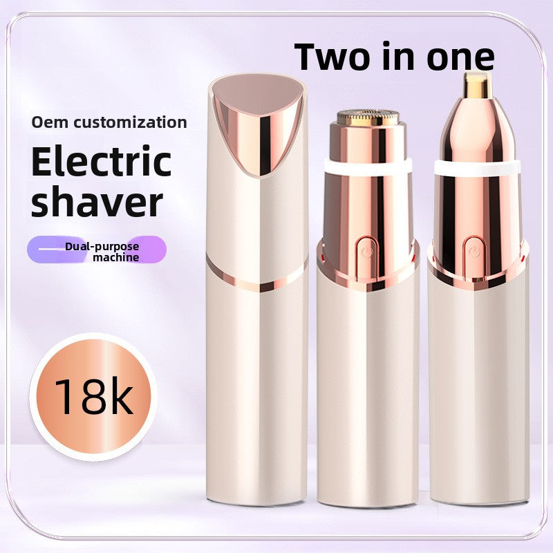 Champagne gold electric shaver shown as three pieces, the cap, foil head and brow head