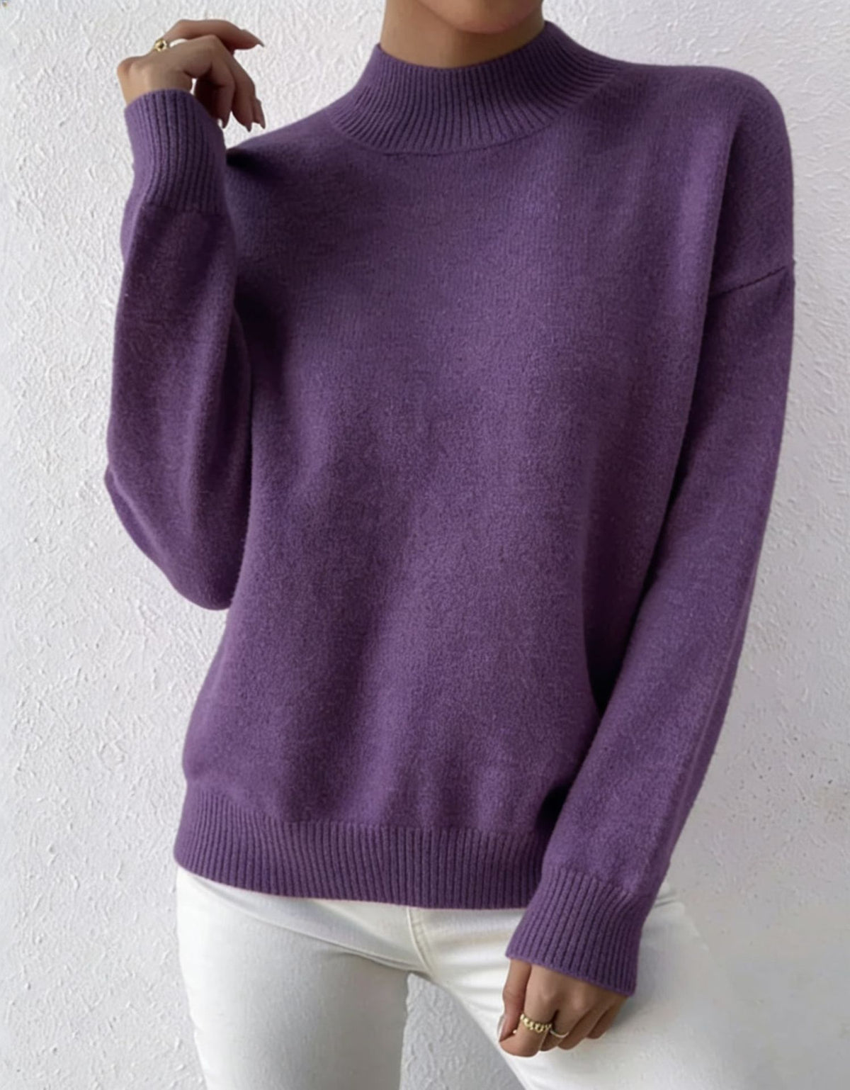 Purple half-high neck pullover sweater with long sleeves worn with white trousers, size L variant image