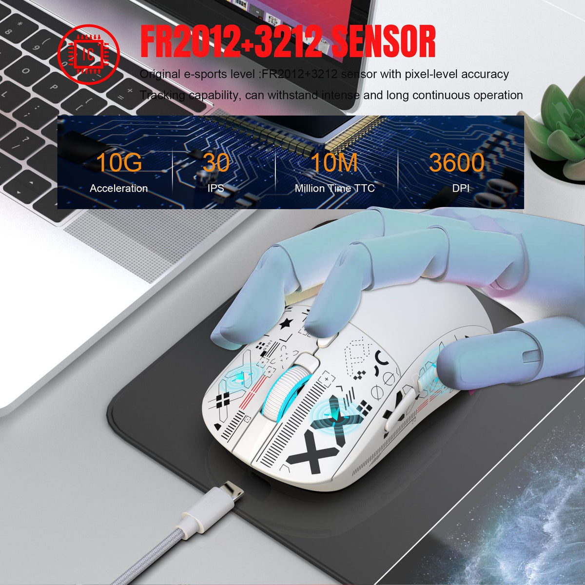 White T90 gaming mouse on a mouse pad under a rendered hand, with FR2012 sensor figures of 3600 DPI and 30 IPS