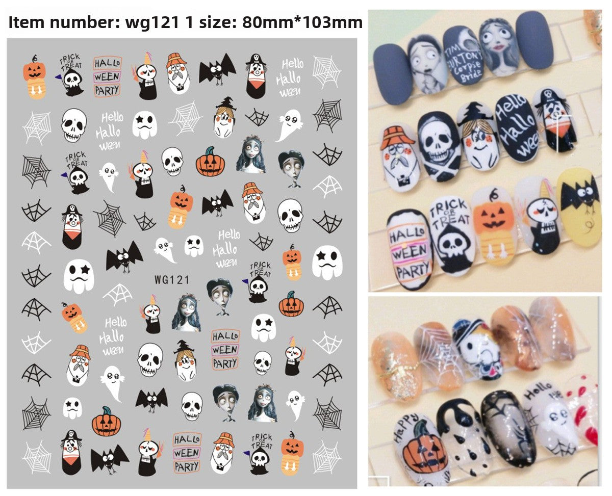 Self adhesive Halloween nail art stickers with pumpkin, skull and ghost designs