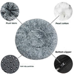 Cutaway diagram of the round plush pet bed showing plush cover, filling and anti-slip base