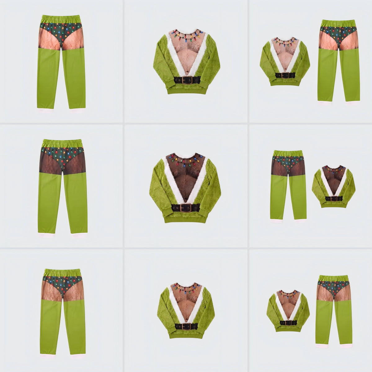 Green novelty ugly Christmas pajama with a printed hairy chest gag, fur trim, belt and string lights