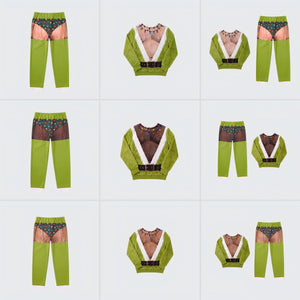 Green novelty ugly Christmas pajama with a printed hairy chest gag, fur trim, belt and string lights
