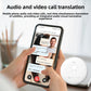 Hands holding a phone with a video call and translated subtitles, the white translator puck resting alongside