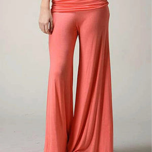 Coral palazzo pants with a folded soft waistband, front view