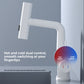 Basin faucet showing three flow modes, a jet, a bubbled stream and a wide waterfall