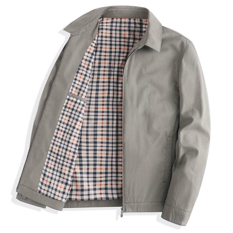 Khaki cotton zip jacket with a turn-down collar and warm plaid lining, size 185 XXL option photo