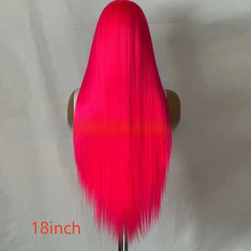Back view of the 18 inch rose pink straight wig on a mannequin with the length label