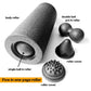 Hollow black foam roller with single ball inside, peanut ball, cone and nubbed cap set beside it