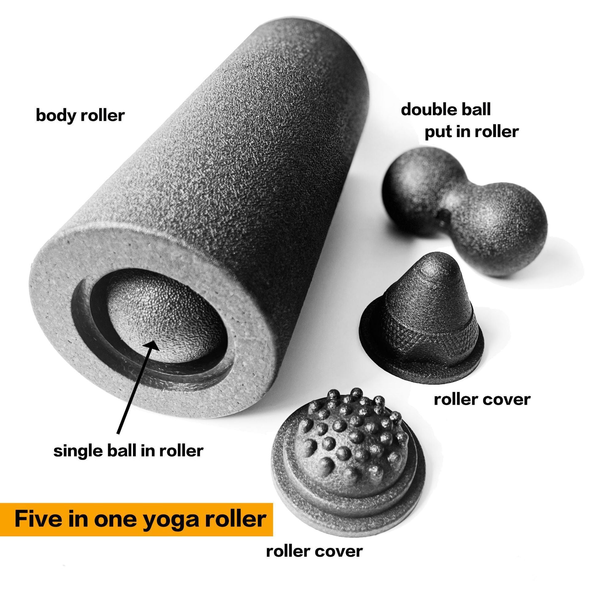 Hollow black foam roller with single ball inside, peanut ball, cone and nubbed cap set beside it