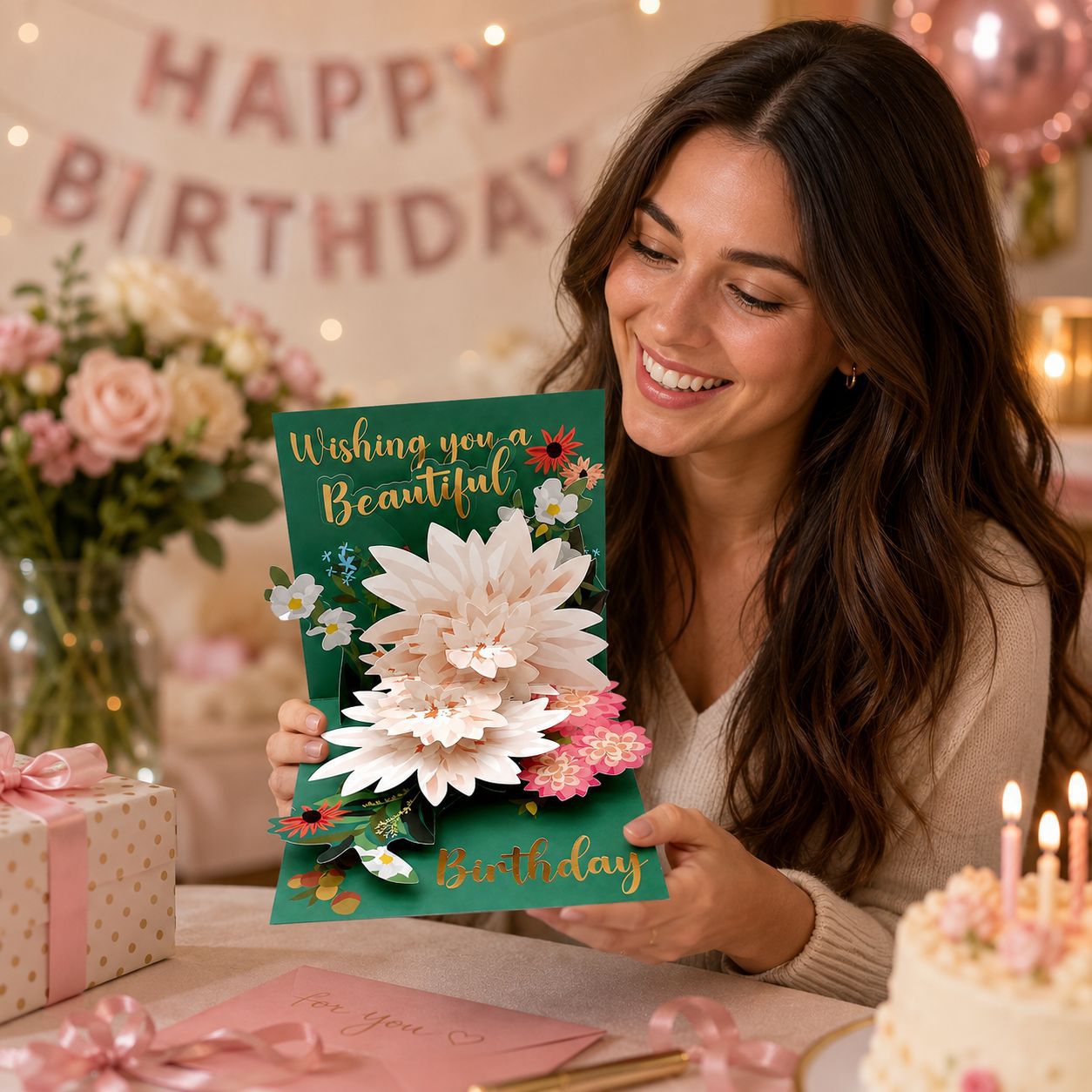 Woman opening the green 3D pop-up birthday card, cream paper dahlias rising from the fold, styled scene