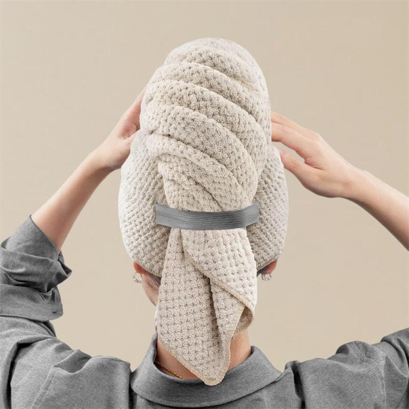 Khaki coral fleece hair drying towel wrapped on the head with an elastic strap, photo for the Khaki option