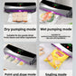 Four panels showing the vacuum sealer in dry, wet, point and draw, and seal only modes on different food