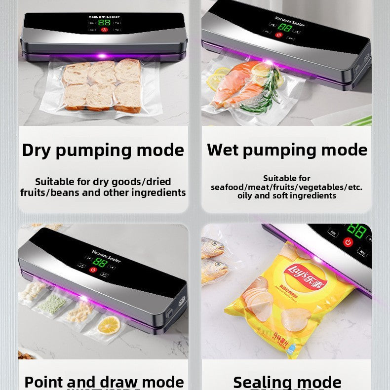 Four panels showing the vacuum sealer in dry, wet, point and draw, and seal only modes on different food