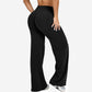 Full length wide leg stretch pants worn with sneakers