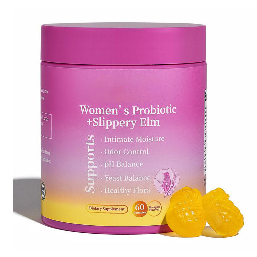 Probiotic pineapple capsules, close up side detail of the supplement bottle