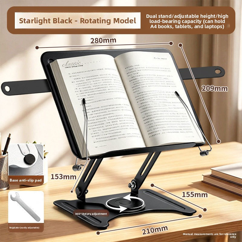 Starry Black 360 Rotate reading stand with a rotating base, book open on the panel, dimension callouts