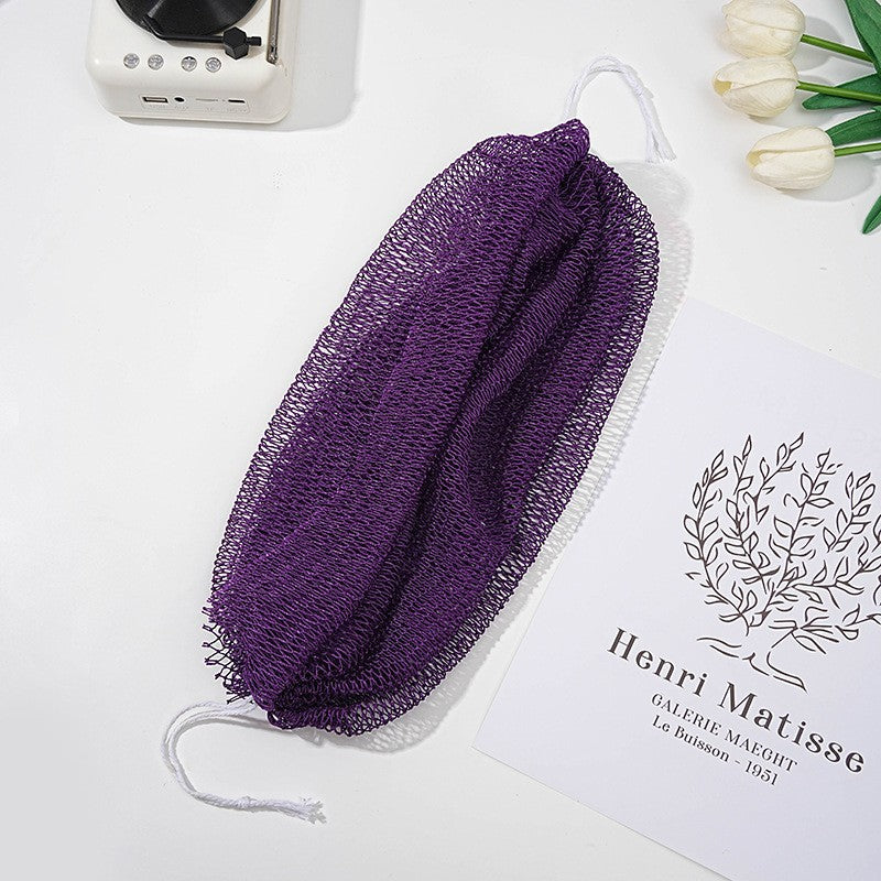 Exfoliating bath net stretched out to show its full length and handles
