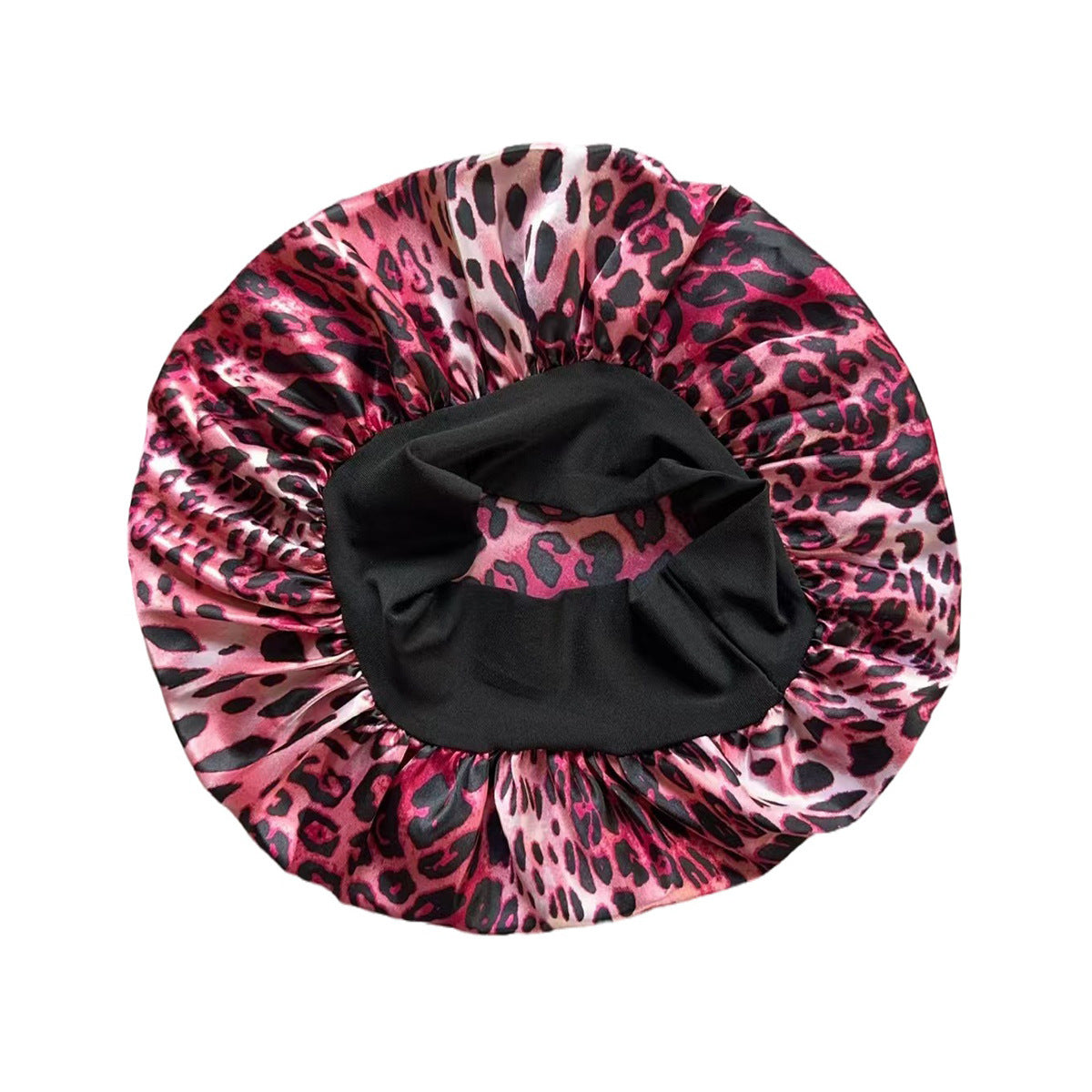 Rose Leopard Print satin sleep bonnet with ruffled crown and wide elastic band, 30 cm diameter