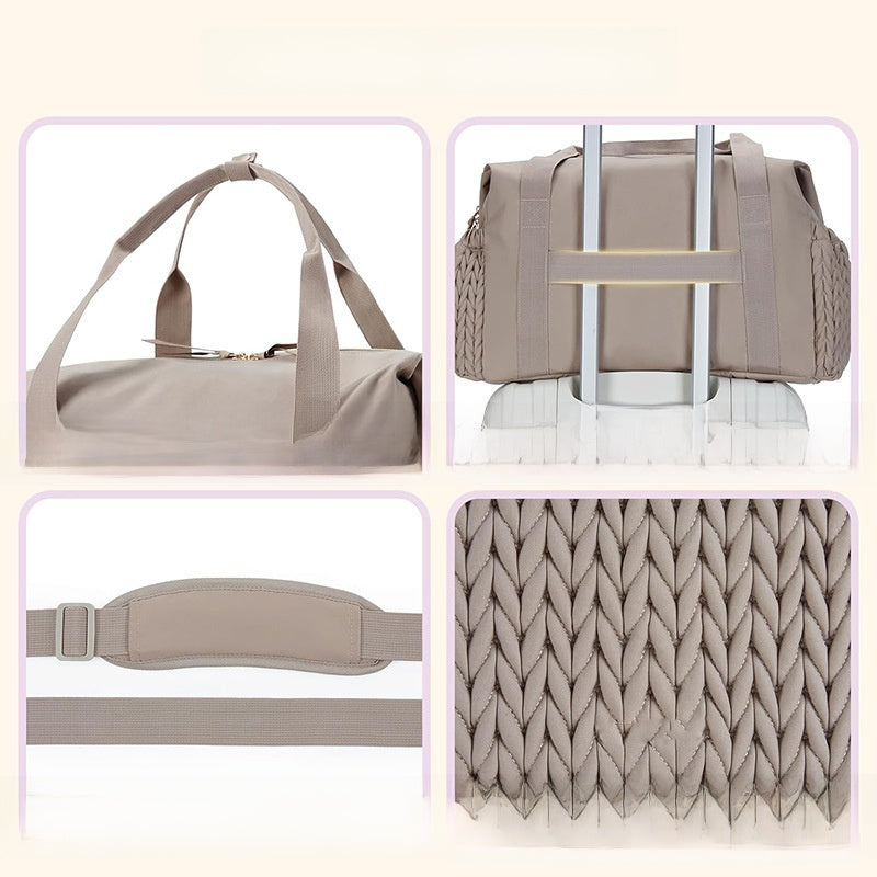 Detail views of the diaper bag handles, trolley sleeve over a suitcase, padded strap and braided quilt panel