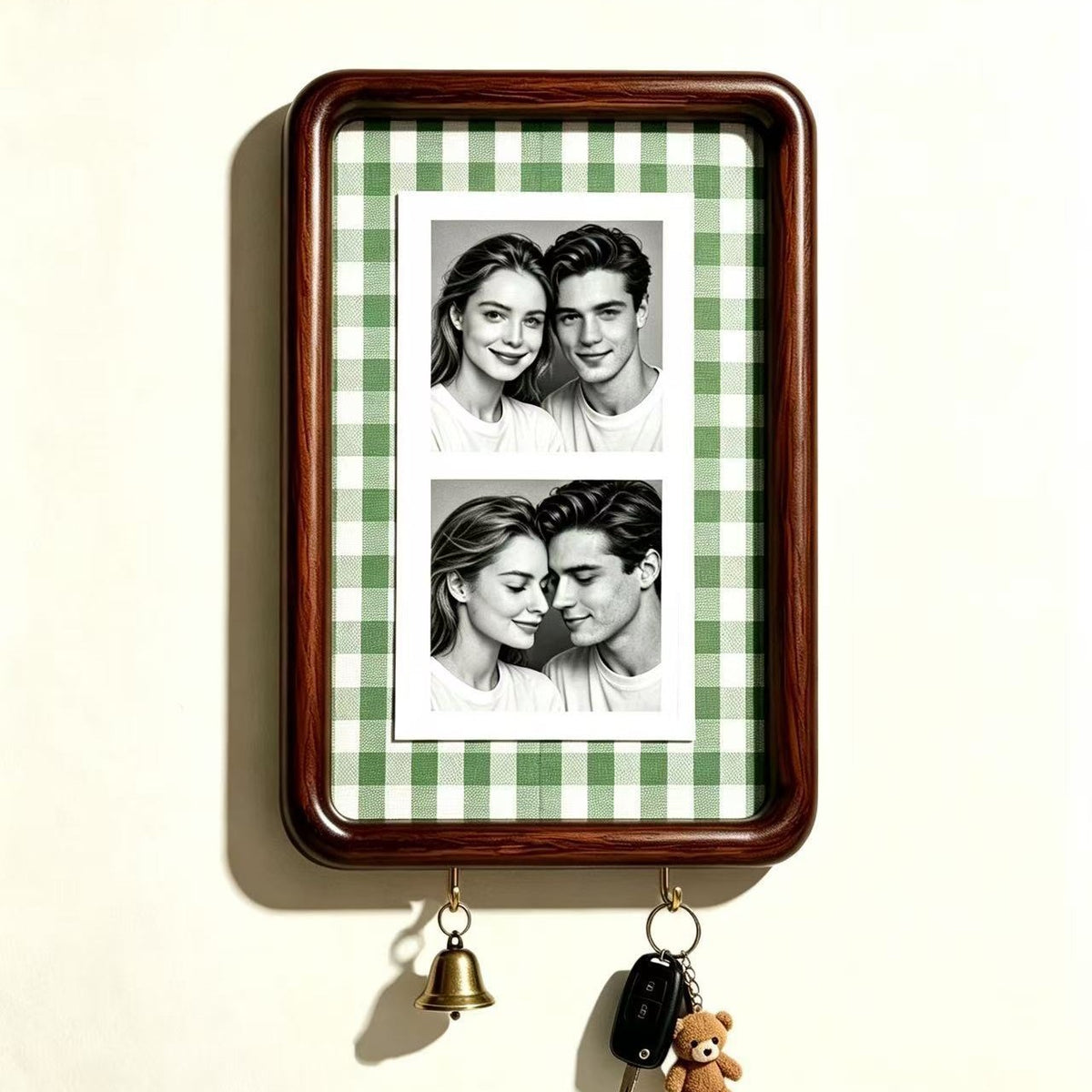 Option A4 Hook Style 1: dark wood wall photo frame with green and white gingham backing and two key hooks