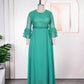Floor length floral lace occasion dress in a solid chiffon colour