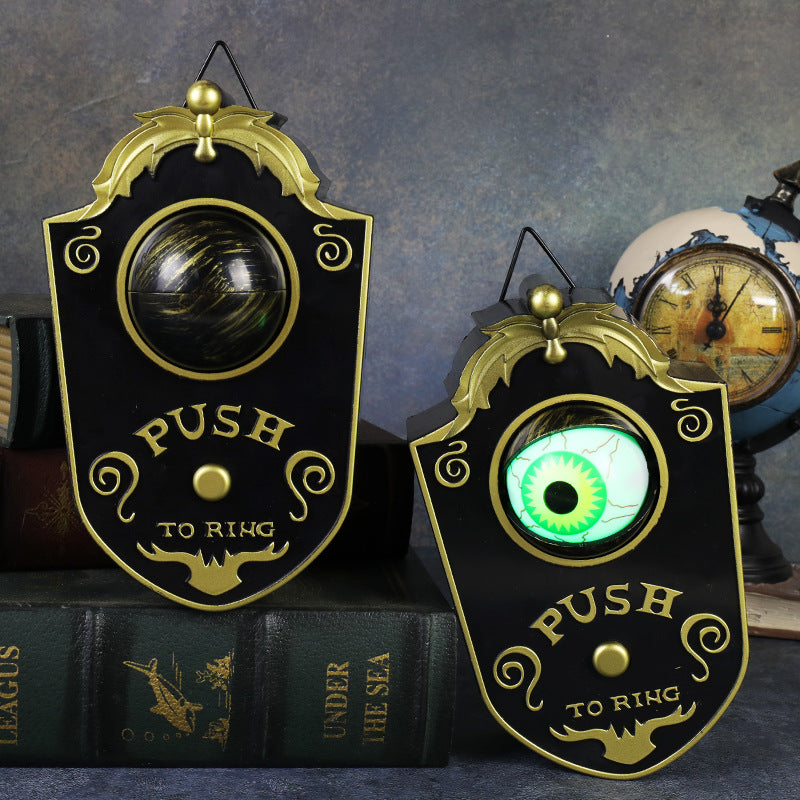 Halloween eyeball doorbell prop, ornate PVC plaque with a green eye and a Push To Ring button, novelty decoration