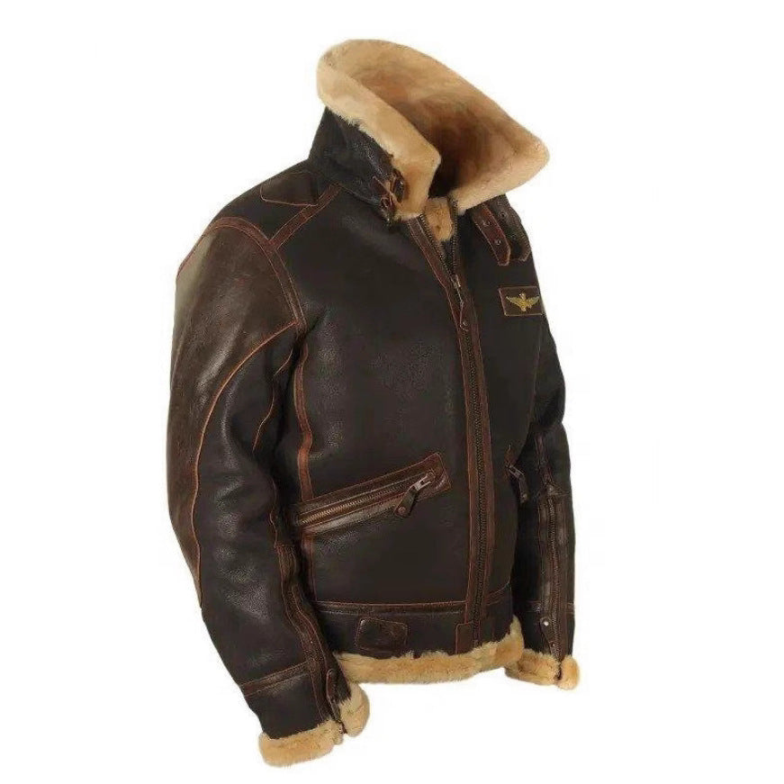Brown vegan leather bomber jacket with a fold down sherpa collar and full length front zip