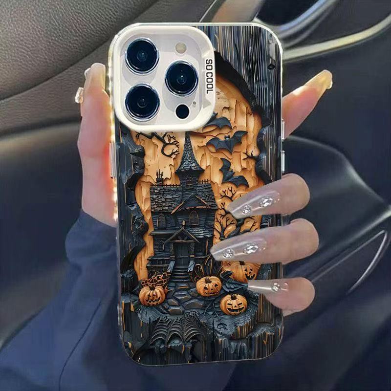 Halloween printed TPU iPhone case with a silver electroplated camera frame, held in a car