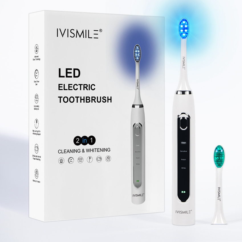 White IVISMILE LED electric toothbrush with its retail box and a spare brush head, option image for White