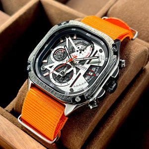 Square watch side profile showing case edge and buckle