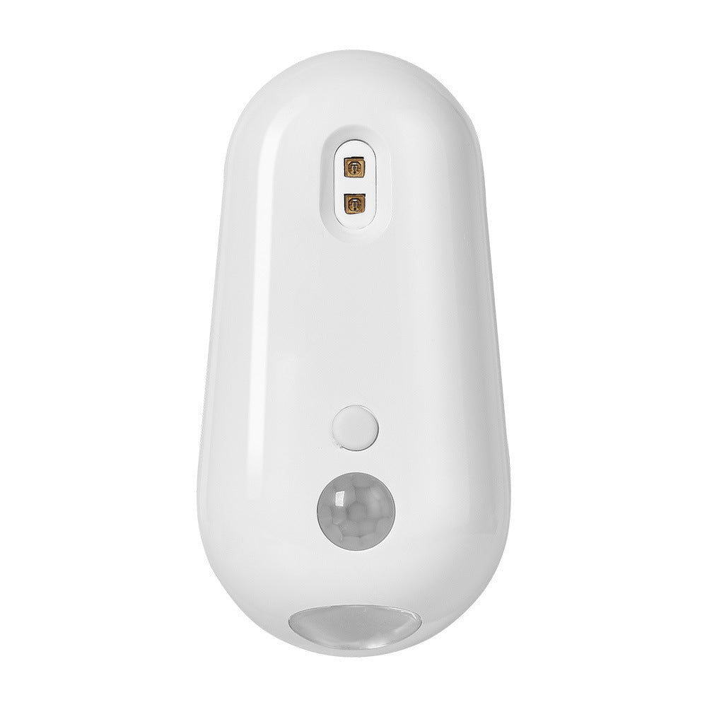 Glossy white toilet sensor night light, two UV lamp beads at the top, colour button and domed motion sensor eye