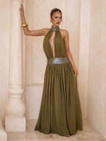Backless halter chiffon maxi gown with sequin collar, front view with the sequin halter collar and deep plunge