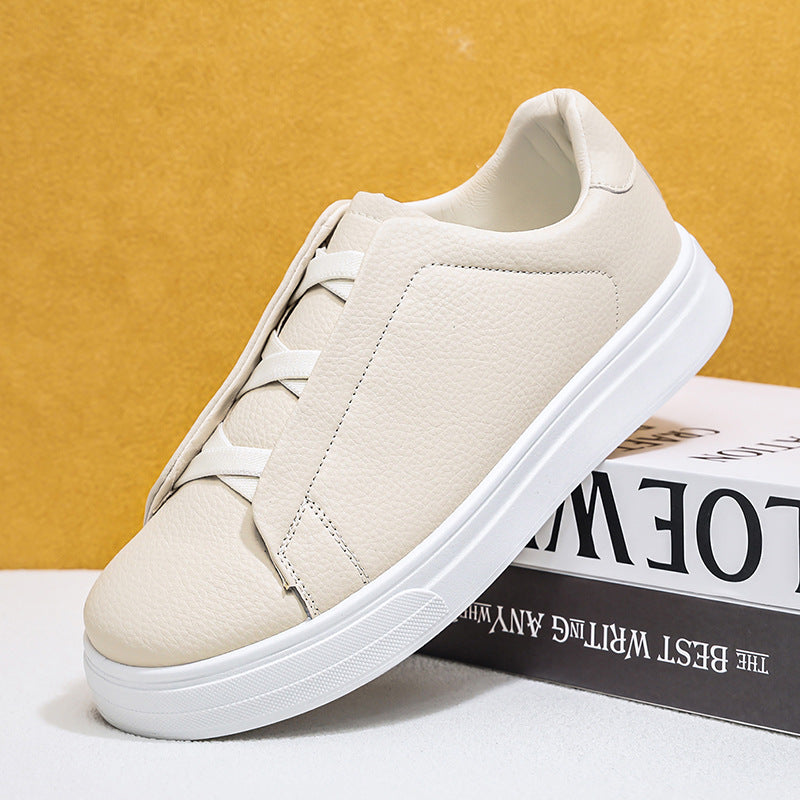 Beige pebbled vegan leather slip-on low-top sneakers with white sole and cream elastic straps, size 44 option photo