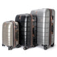 Luggage set side profile showing wheels and pull handle