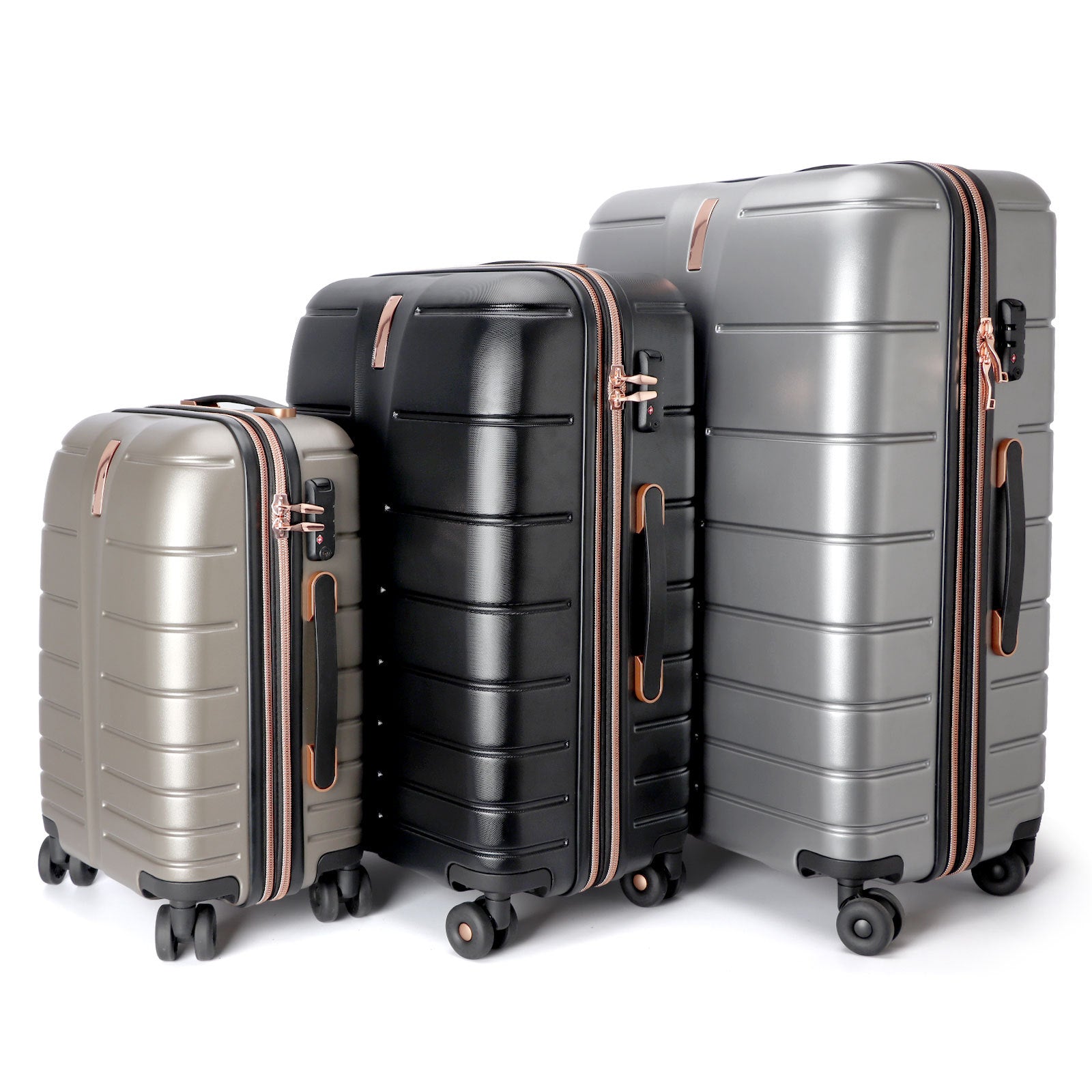 Luggage set side profile showing wheels and pull handle