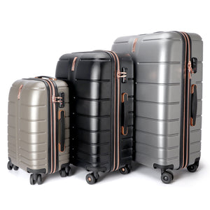 Luggage set side profile showing wheels and pull handle