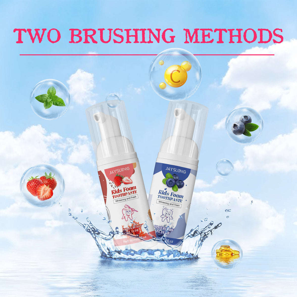 Strawberry and blueberry kids foam toothpaste bottles floating among water droplets and fresh fruit