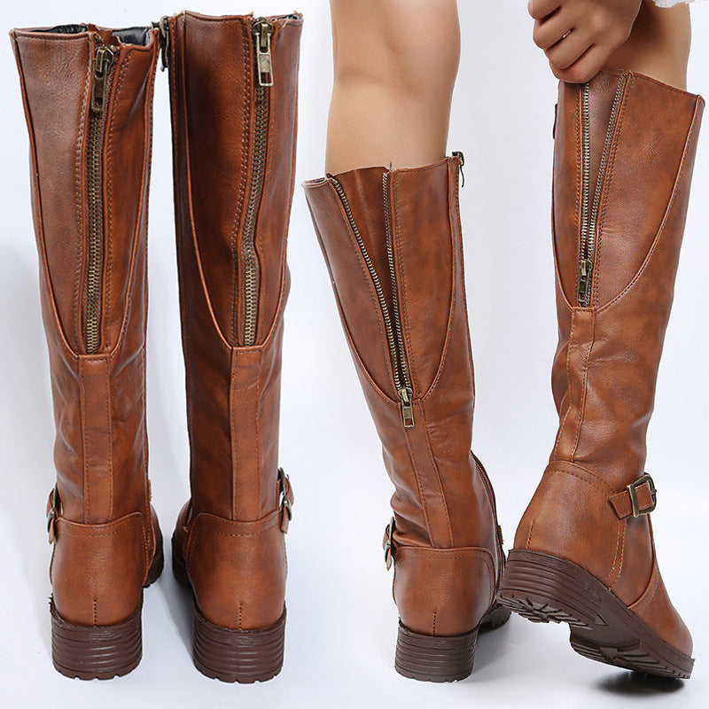 Back and side views of tan riding boots showing the metal back zipper, stacked heel and ankle buckle strap