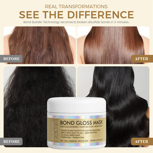Glossing hair mask jar shown with model hair photos in a promotional panel