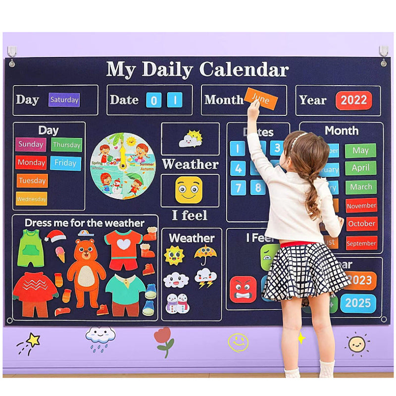 Girl setting felt pieces on a My Daily Calendar felt story board showing days, weather and seasons
