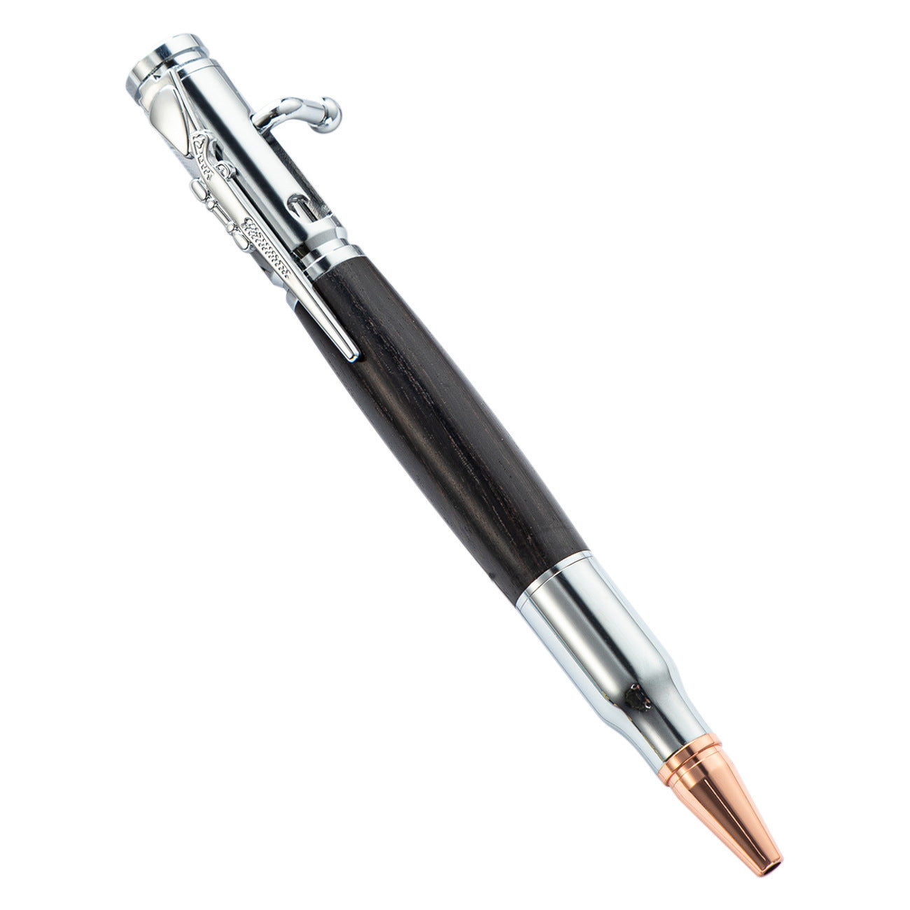 Silver hardware bolt action pen with a dark wood barrel and copper toned bullet nose