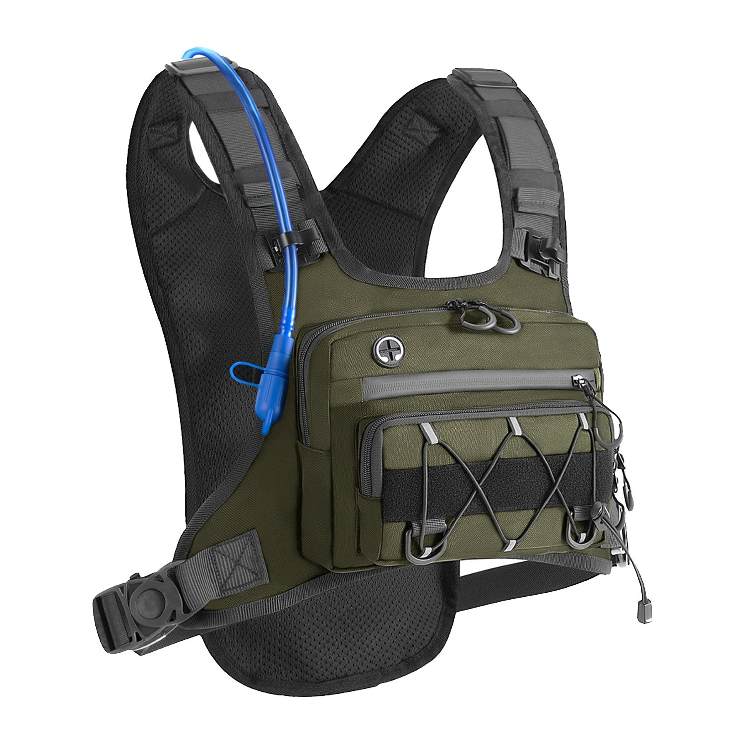 Camouflage chest pack with the water bladder tube clipped to the front strap