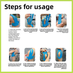 Maker guide with eight photos showing the pre-cut tape being applied to a knee