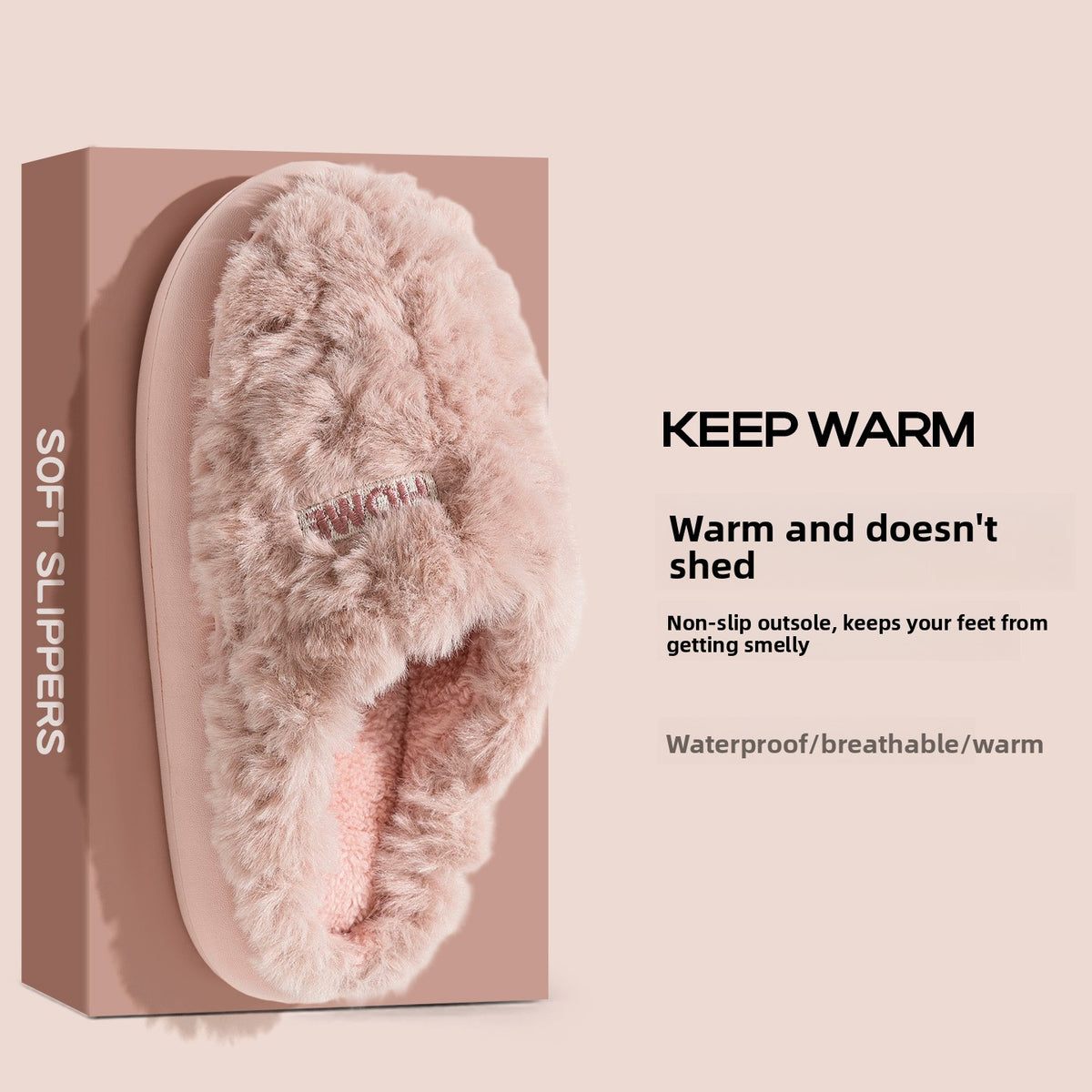 Pink plush slipper with pink sole in a SOFT SLIPPERS box, KEEP WARM banner