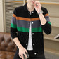 Men's knit button cardigan shown flat to display the point collar and full button front