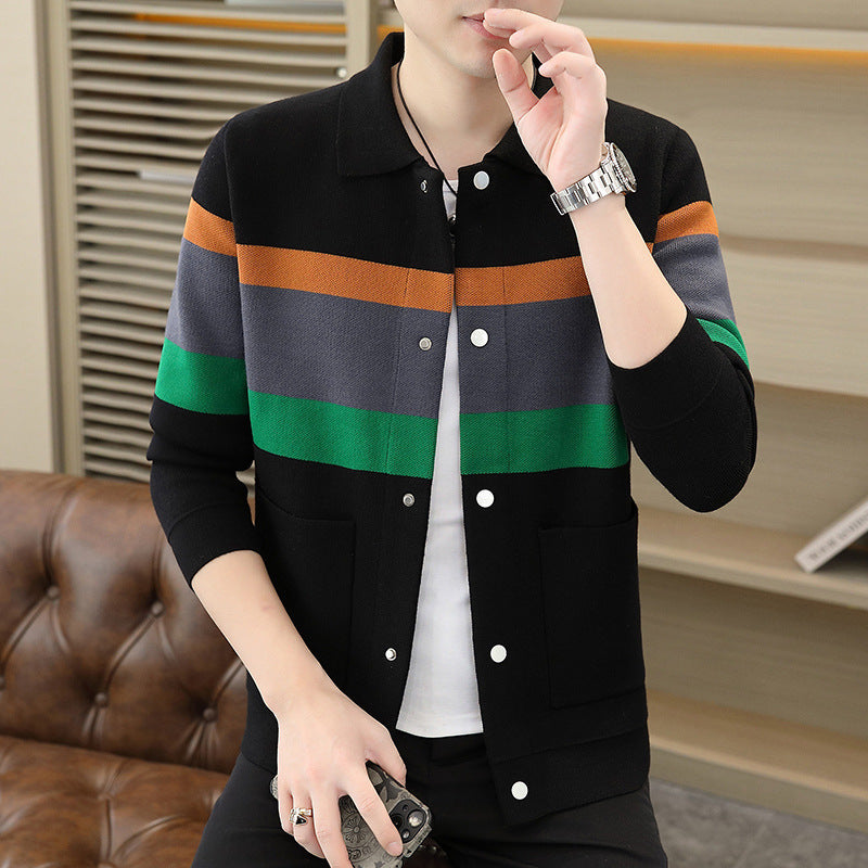 Men's knit button cardigan shown flat to display the point collar and full button front